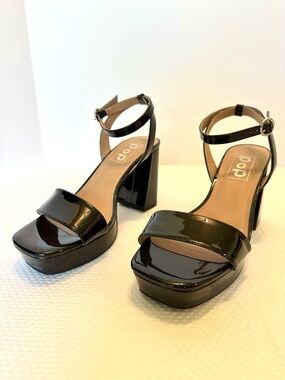 POP Black Patent Platform Block Heel Sandals with Wrap Ankle Strap Grad Party
